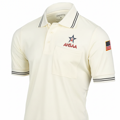 Cream umpire shirt with AHSAA logo and American flag on a white background