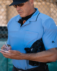 Umpire with Davis DX Enduro D3O and Sky Blue Side Panel umpire shirt